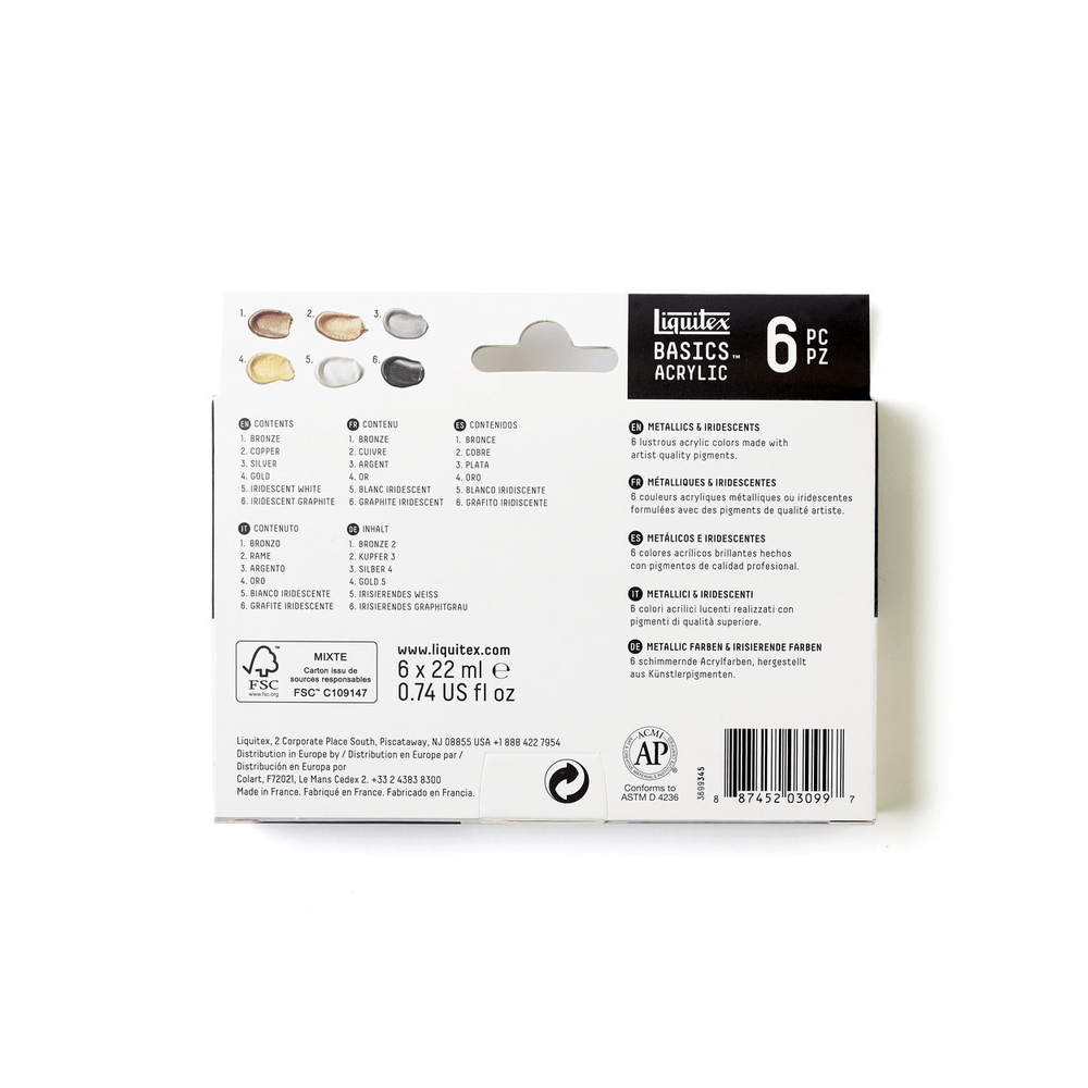 Liquitex Basics akrilfesték készlet, 6x22 ml metál és irizáló színek
