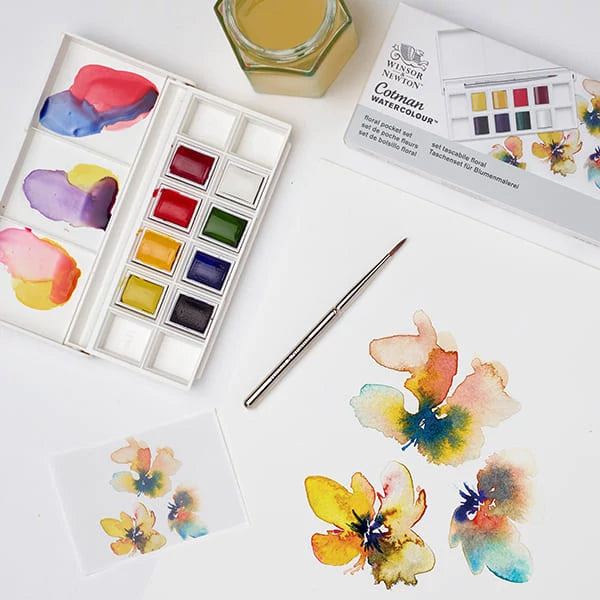 Winsor & Newton Cotman Floral akvarellfesték készlet, 8x1/2 szilke, ecsettel