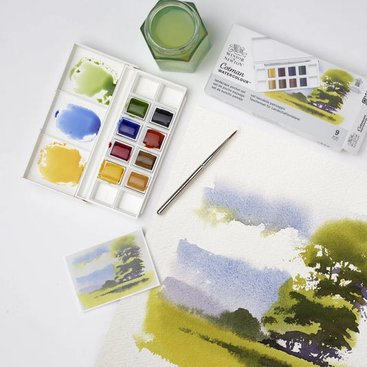 Winsor & Newton Cotman Landscape akvarellfesték készlet, 8x1/2 szilke, ecsettel