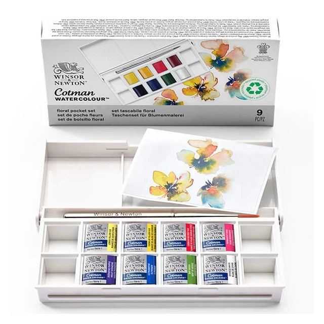 Winsor & Newton Cotman Floral akvarellfesték készlet, 8x1/2 szilke, ecsettel