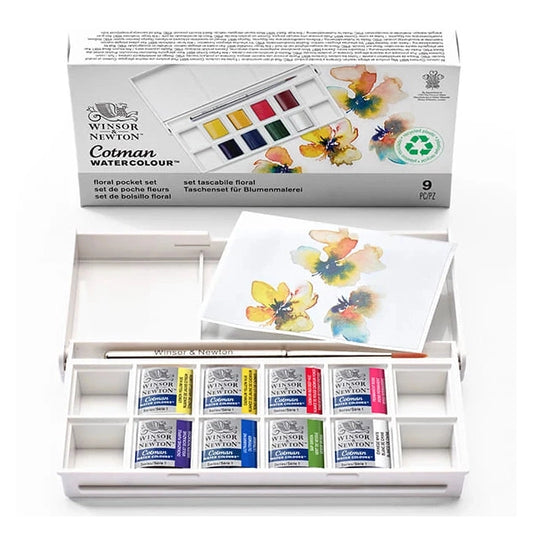 Winsor & Newton Cotman Floral akvarellfesték készlet, 8x1/2 szilke, ecsettel